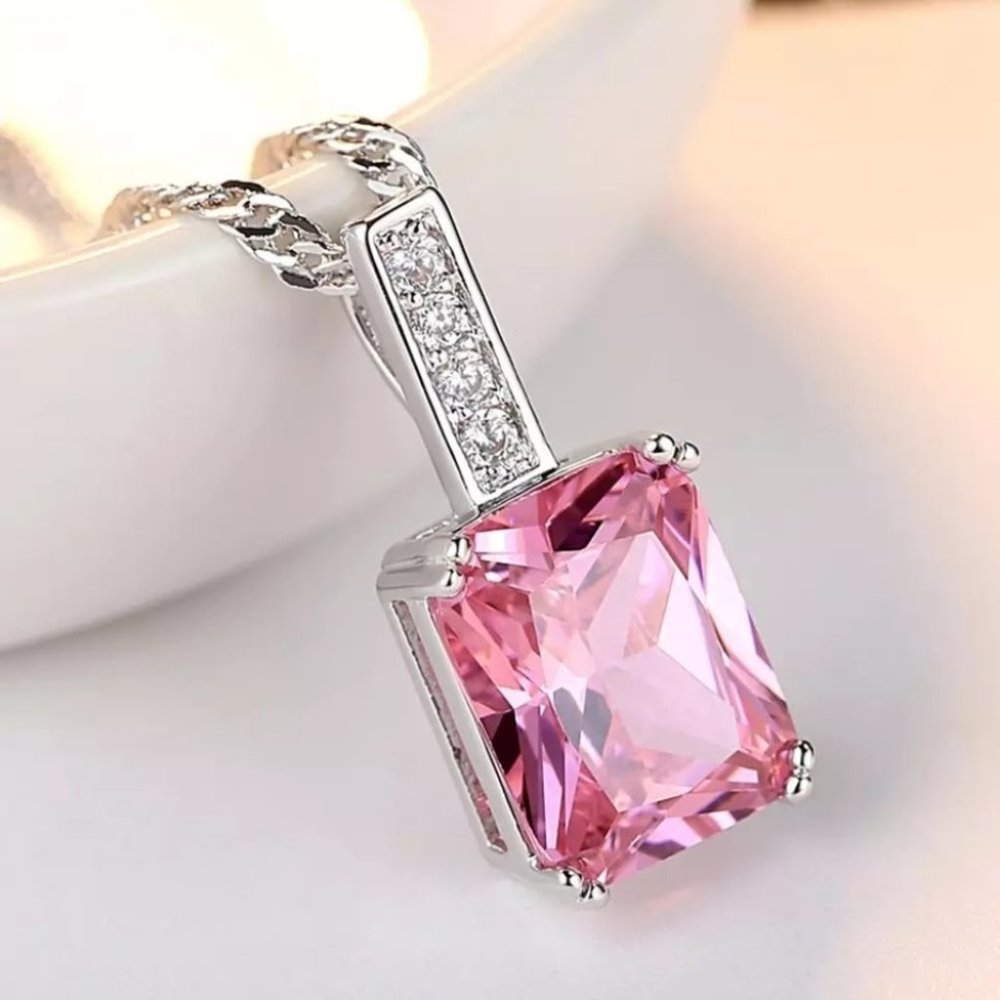 Pink Princess Cut AAA Cubic Zirconia Necklace